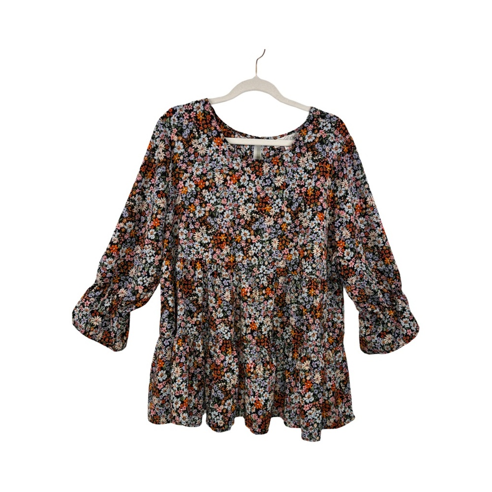Stem & Vine  3/4 Sleeve Peplum Tier Tie Ruffle Cuff Size XL Multi Color Floral